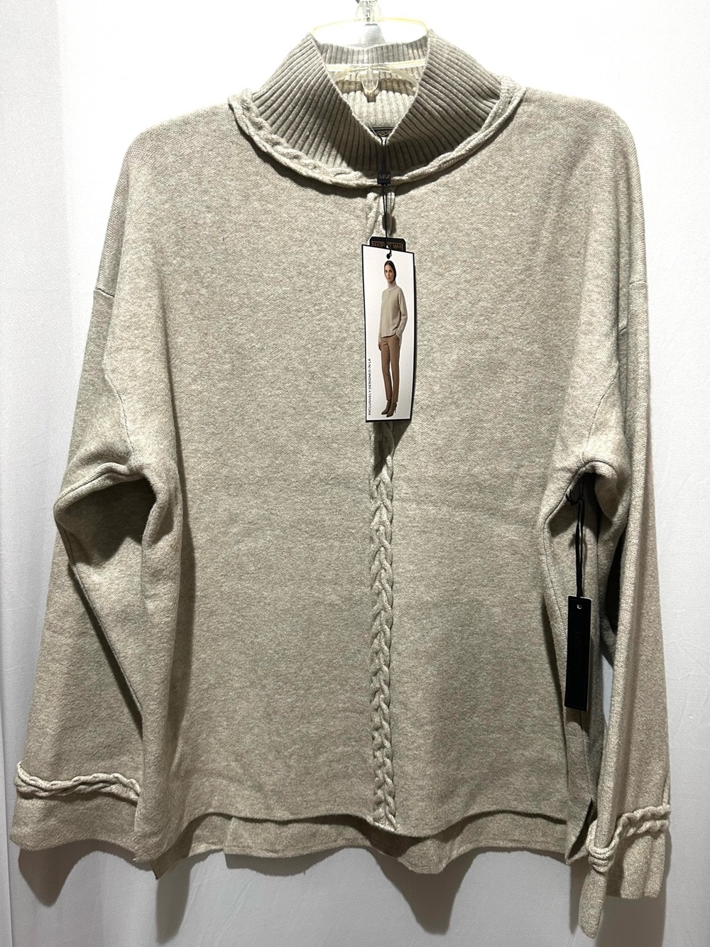 Max Sport Women's Cream Cable-Trim Mock Neck Sweater - Size S